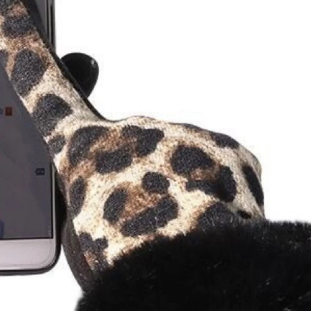 LEOPARD GLOVES WITH FAUX FUR TRIM